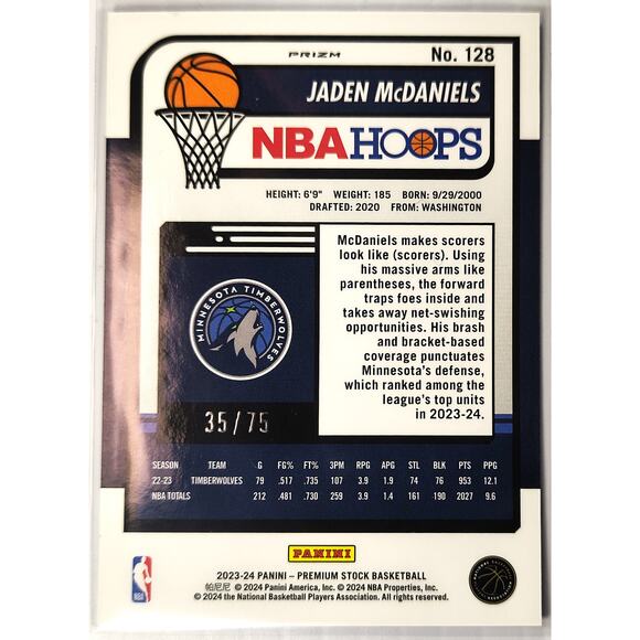 2023-24 NBA Hoops Premium Stock JADEN MCDANIELS #128 Blue Pulsar Prizm 35/75 - Picture 2 of 2
